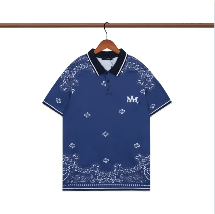 Мужская рубашка-поло, модная синяя рубашка с бретелькой на шее и разноцветным принтом, с короткими рукавами и бретельками для подростков