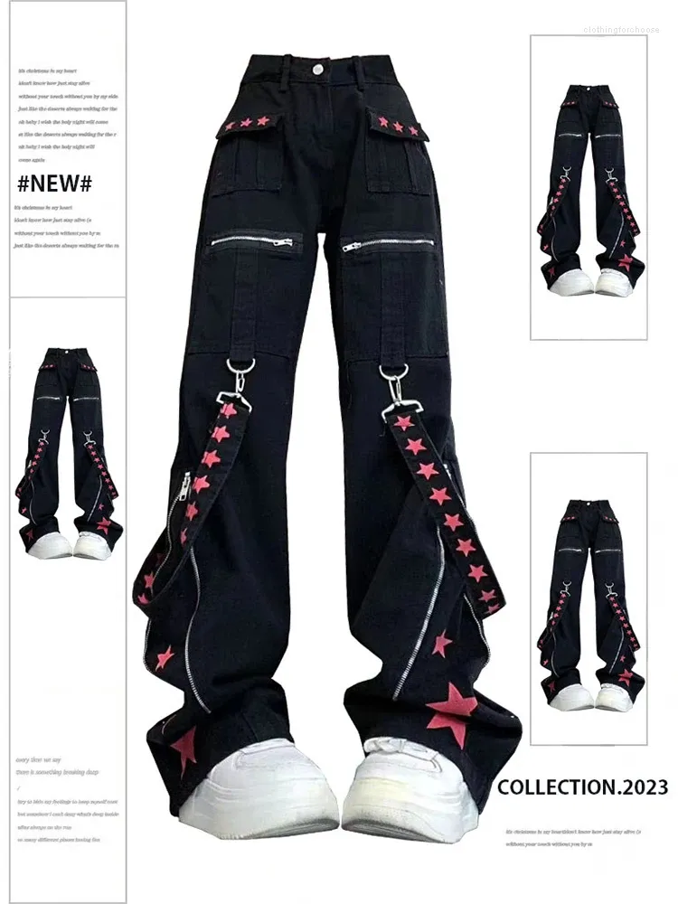 Jeans pour femmes Femmes Noir Gothique Baggy Cargo Harajuku Vintage Y2k Denim Pantalon Cowboy Pantalon 90s Esthétique Trash Emo 2000s Vêtements