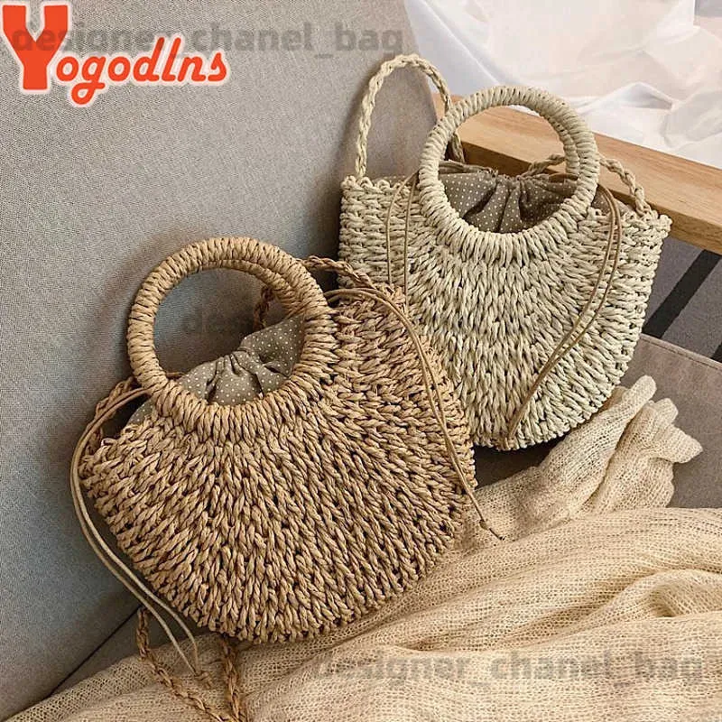 Totes Yogodlns Handgemachte halbrunde Rattan gewebte Str-Tasche Sommer Frauen Messenger Umhängetaschen Mädchen Kleine Strandhandtasche Neue T240220