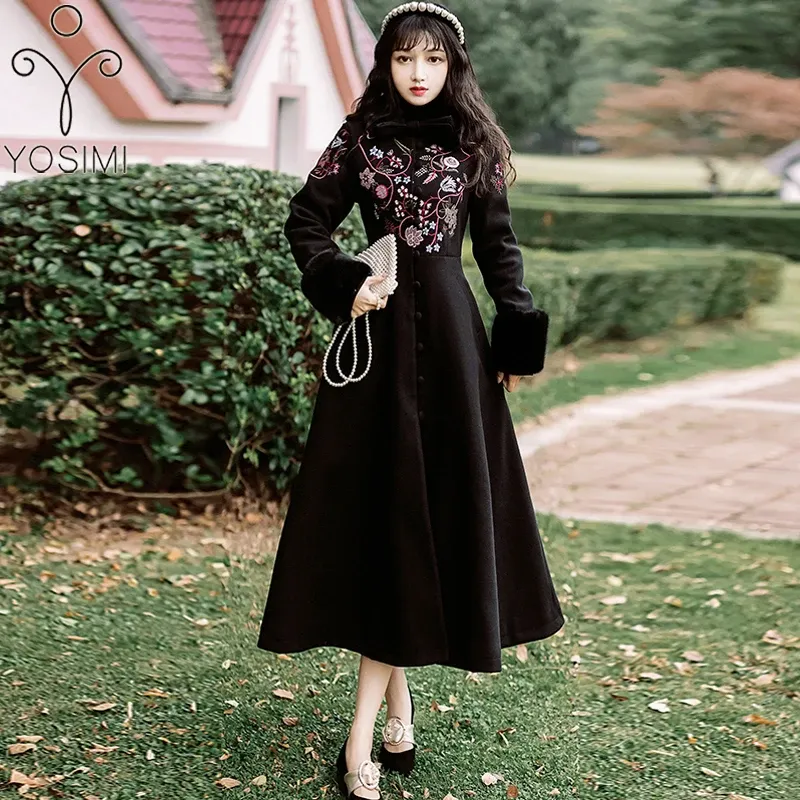 Ensembles Yosimi 2020 hiver broderie Wintage manteau de laine avec col de fourrure jupe Style vêtements d'extérieur tissu Maxi chaud laine longue femmes manteau noir