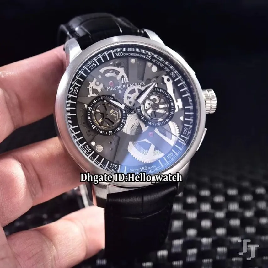 Marka 45 mm Maurice Lacroix Masterpiece MP7128-SS001-000 szkielet czarny kwarc chronograf męski zegarek srebrna skrzynia skórzana stra230u