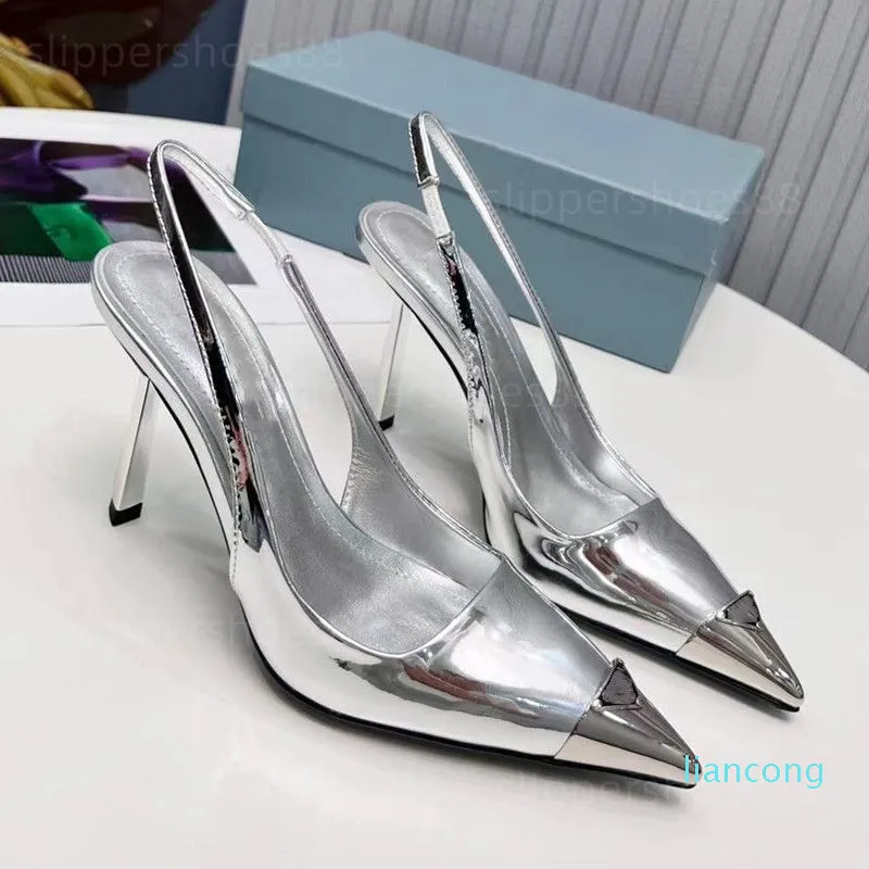 2024 sliver Heels pump sandles Woman Sandals brushed leather steel cap toe Pump