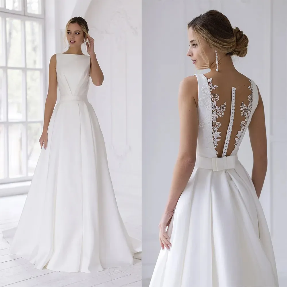 Abiti da sposa senza maniche con scollo a barca e linea A, con bottoni sul retro, abito da sposa in raso con balze, con fiocco, cintura, giardino Mariage 328 328