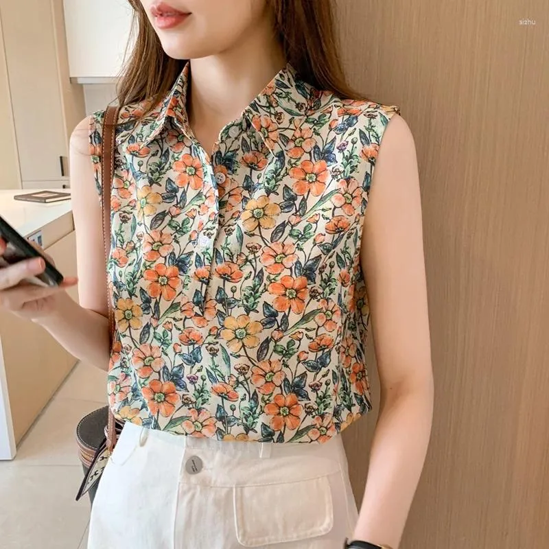 Women's Blouses Fashion Woman Blouse 2024 Korean Summer Clothes Women Shirts Chiffon Sleeveless Vest Sweet Girl Vintage Printed Tops