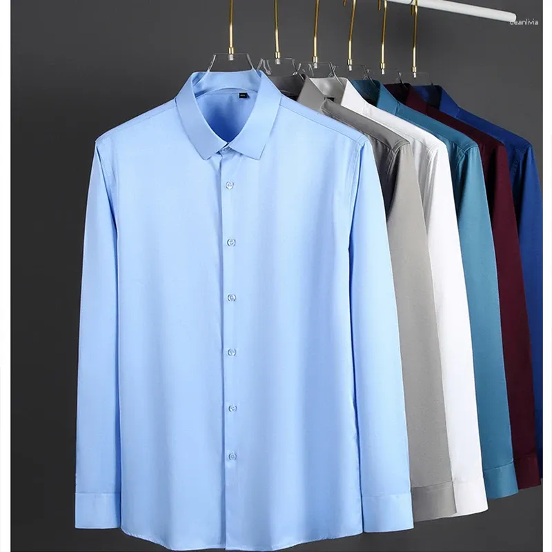 Camisas de vestido masculinas micro-elásticas de mangas compridas desgaste formal adequado para colete fino camisa de negócios sociais amoreira seda resistente a rugas