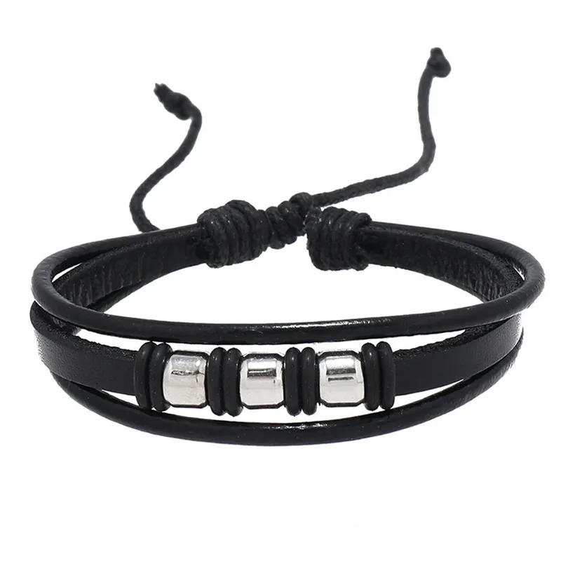 Braccialetti con ciondoli con perline in pelle intrecciata con corda di colore nero fatti a mano Gioielli in lega regolabili retrò uomo