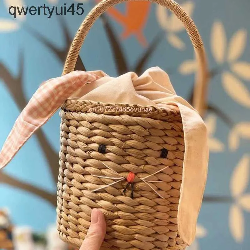 Totes Korean Style Kids Mini Bucket Tote andbag Straw Crossbody Bags for Women Girls Coin Pouc Raan Beac Soulder BagH24220