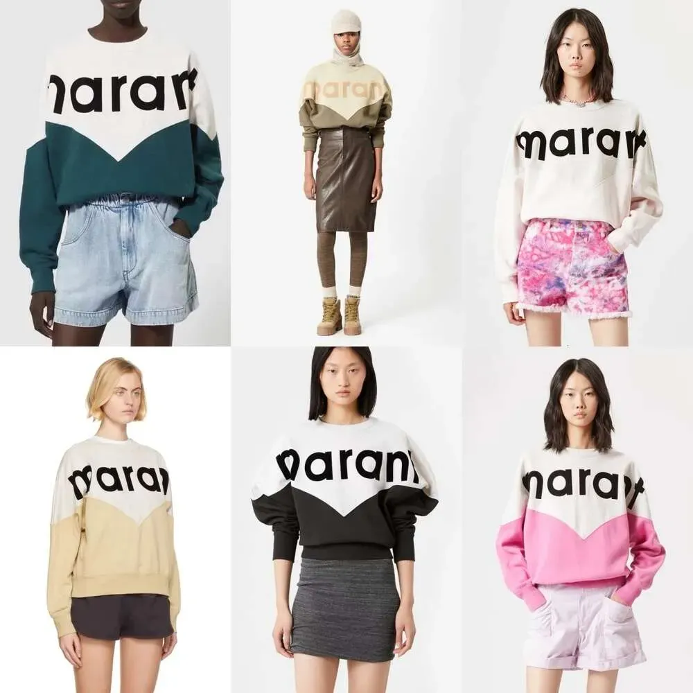 24aw Isabel Marants 여성 디자이너 후드 스웨트 셔츠 문자 색상 차단 빈티지 인쇄면 캐주얼 둥근 목 까마귀 스웨터 다목적 패션 트렌드