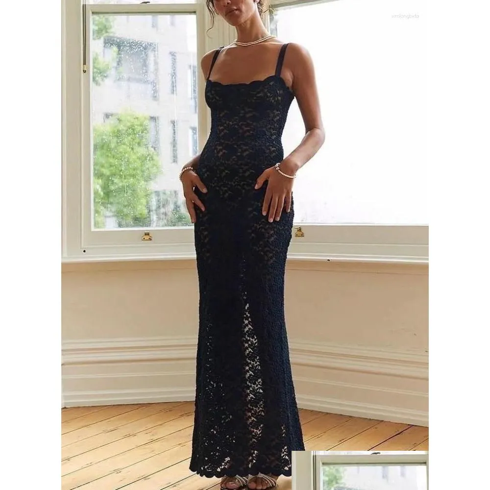 Abiti casual di base Elegante pizzo See Through Maxi Dress Donna Estate Sexy senza spalline Aderente Festa di nozze 2024 Nero Split Otliv