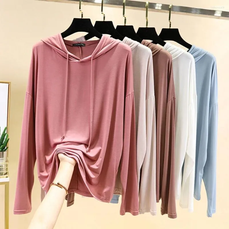 Women's Hoodies Modal Solid Color Long Sleeved Hoodie T-Shirt Spring Casual Loose Fit Inner Soft Bottom Thin Sun Protection Top