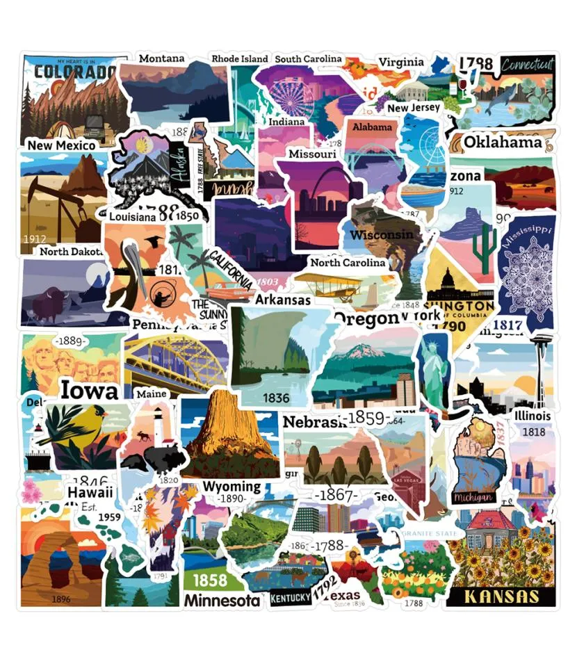 50st Cartoon United States Map Landscape Graffiti Sticker Pack Motorcykel Laptop DIY Kylskåp Skateboard Kids Classic Toys5227542