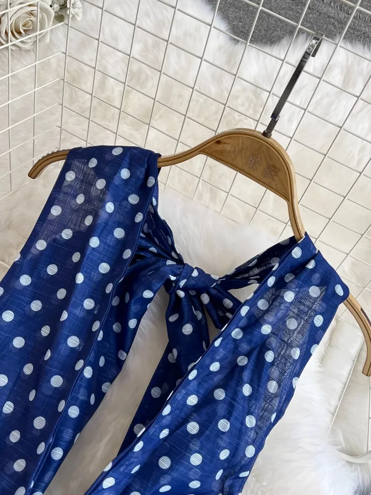 Luxury Polka Dot Chiffon Dress Waist Slimming A Line Backless Hanging Neck  For Seaside Vacation From Stephaniestore666, $42.97 In Bulk