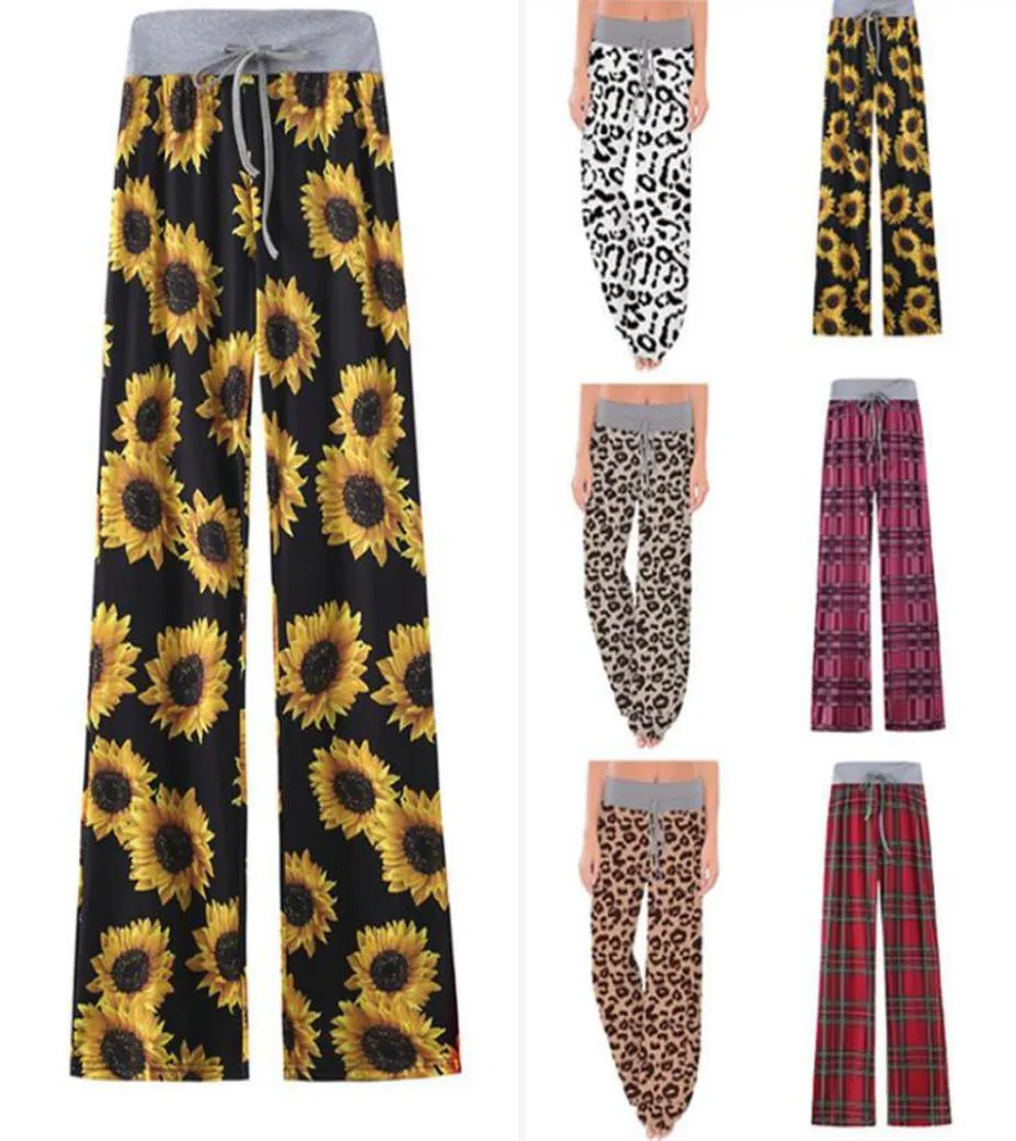 Calças de perna larga femininas floral girassol xadrez leopardo cintura alta confortável calça estiramento cordão calças de yoga calças de maternidade ooa80247910796