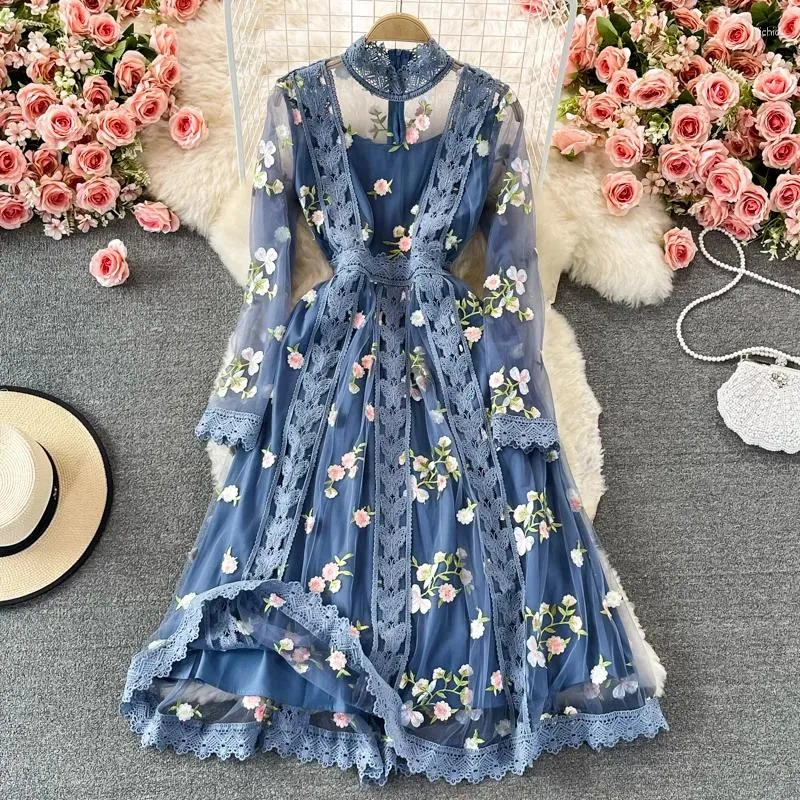 Vestidos casuais 2024 verão bordado vestido de renda mulheres manga longa boho flores tule floral azul elegante festa de férias noite midi