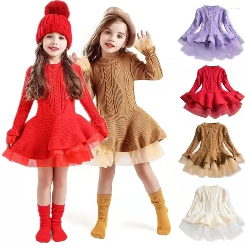 Платья для девочек, детское платье-пачка для девочек, осень-зима 2024, вязаное шифоновое вязаное шифоновое платье для рождественской вечеринки, дня рождения, детская одежда