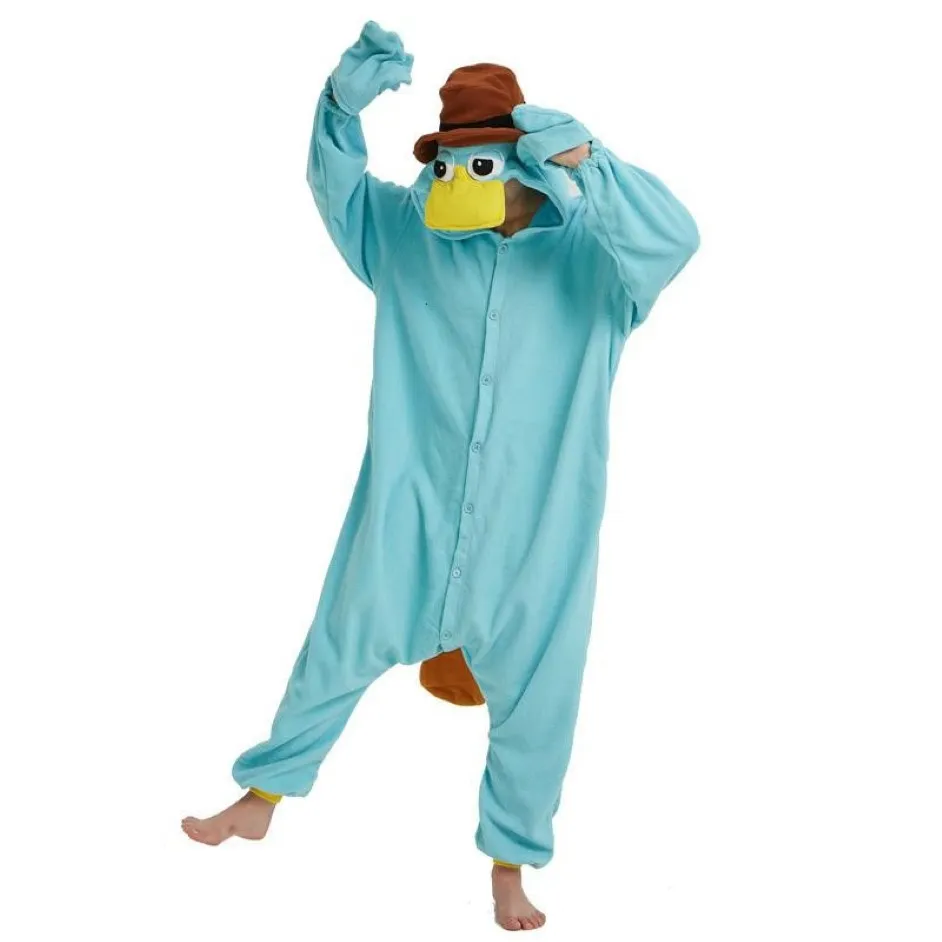 Perry the Platypus Onesie: Blue Fleece Unisex Monster Cosplay Pajamas for  Adults