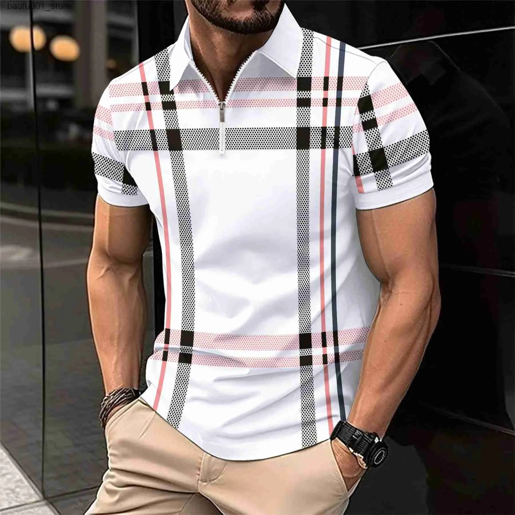 Men's T-Shirts 2024 Summer Mens Quick Sell Mens Printed Checked Striped POLO Shirt with lapel Zip Sport Breathable polo shirt Q240220