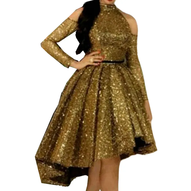 Sparkling Gold Sequined Gold sequin cocktail dress with Long Sleeves and Off-Shoulder - Perfect for Prom, Homecoming, and Special Occasions for Women