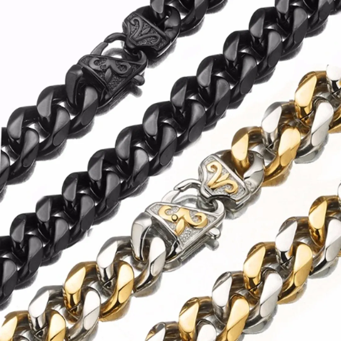 Necklaces 13/15mm Wide Hiphop Stainless Steel Silver Color/Gold/Black Cuban Curb Chain Mens Womens Necklace Or Bracelet 740inch Optional