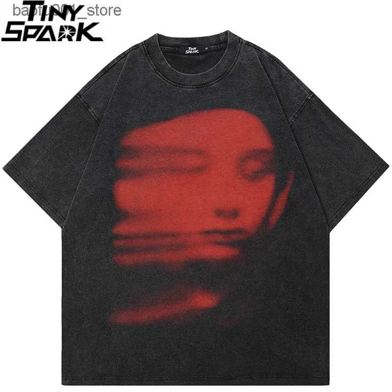 T-shirt da uomo 2024 T-shirt nera lavata da uomo Harajuku Streetwear T-shirt grafica con faccia rossa T-shirt in cotone vintage Hipster Top Tee unisex Y2K Q240220