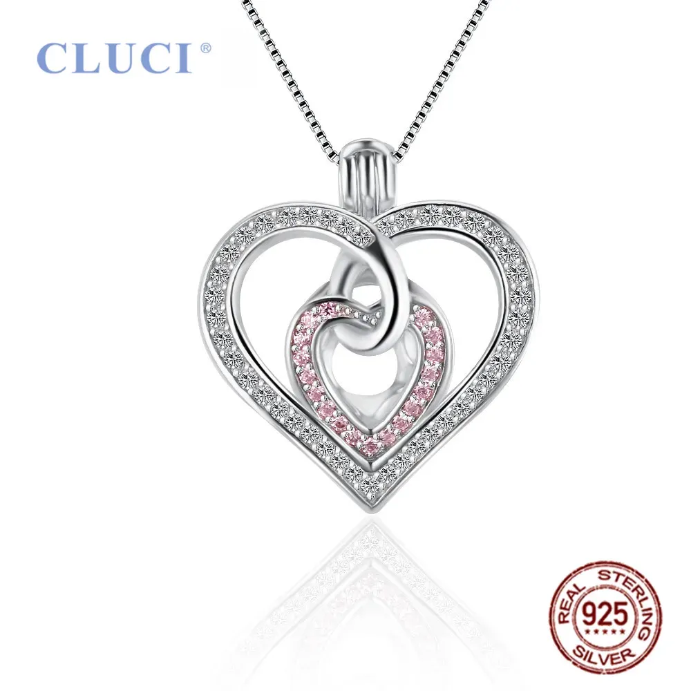 Pingentes CLUCI Mulheres Românticas Corações dos Namorados Colar Pérola Pingente 925 Sterling Silver Rosa CZ Medalhão Encantos SC446SB