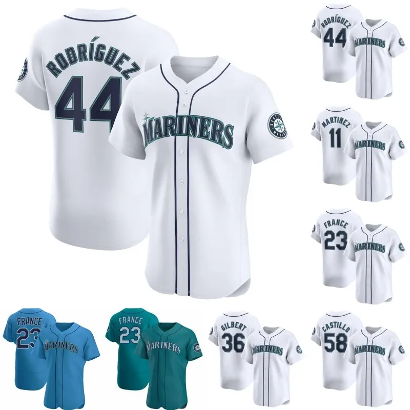 Seattle 2024 Mariners Jersey 44 Julio Rodriguez 11 Edgar Martinez 23 Ty França 36 Logan Gilbert 58 Luis Castillo 17 Mitch Haniger 16 Luis Urias 18 Mitch Garver Jerseys