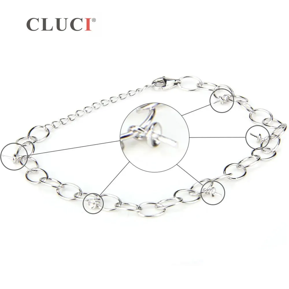 Bangles CLUCI Simple Silver 925 Bracelet with Five Pearl Charms Mounting for Women Sterling Silver Lobster Clasp Bracelet SB037SB