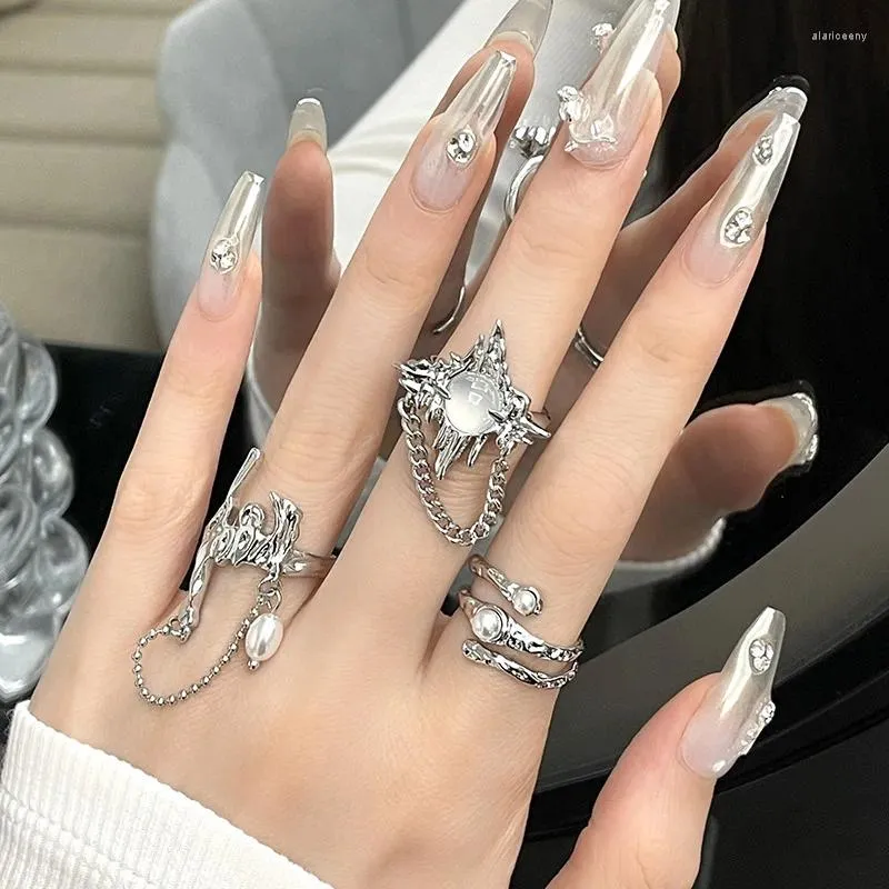 Cluster Rings Gothic Irregular Tassel Moonstone Y2K Lava Chain Star Opal Stone Ring Aesthetics Kpop Pearl Set For Women Jewelry