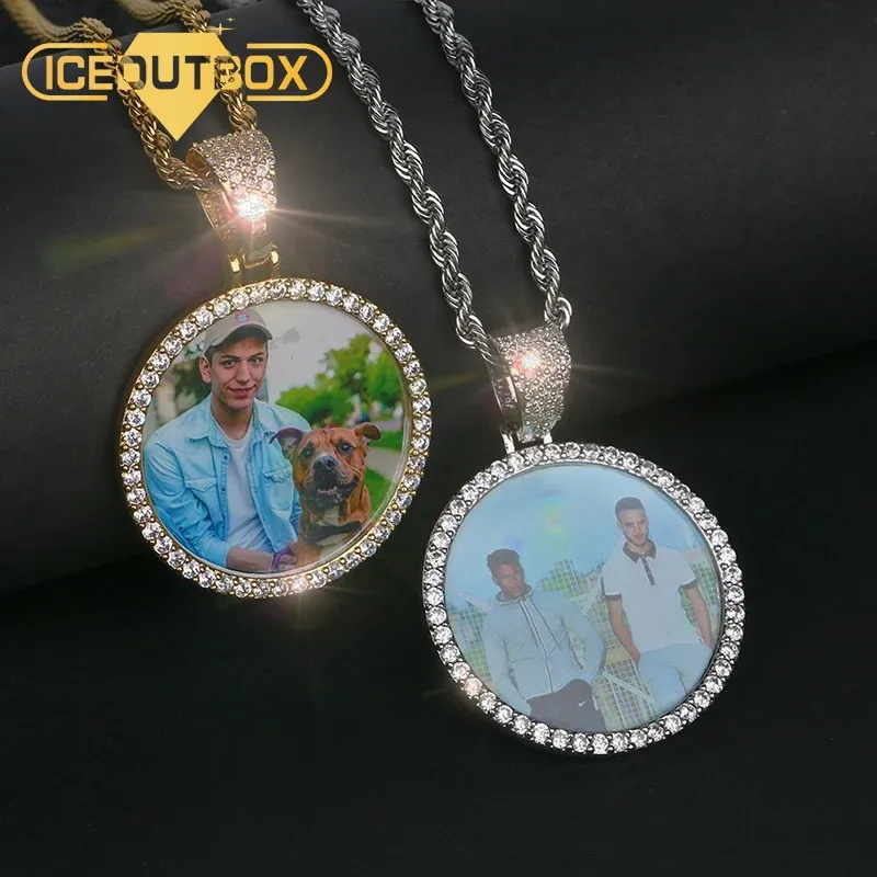 Colliers Hot personnalisé Photo pendentif collier personnalité hommes Hip Hop bijoux avec 4mm chaîne de Tennis cubique Zircon or argent 585 or Rose