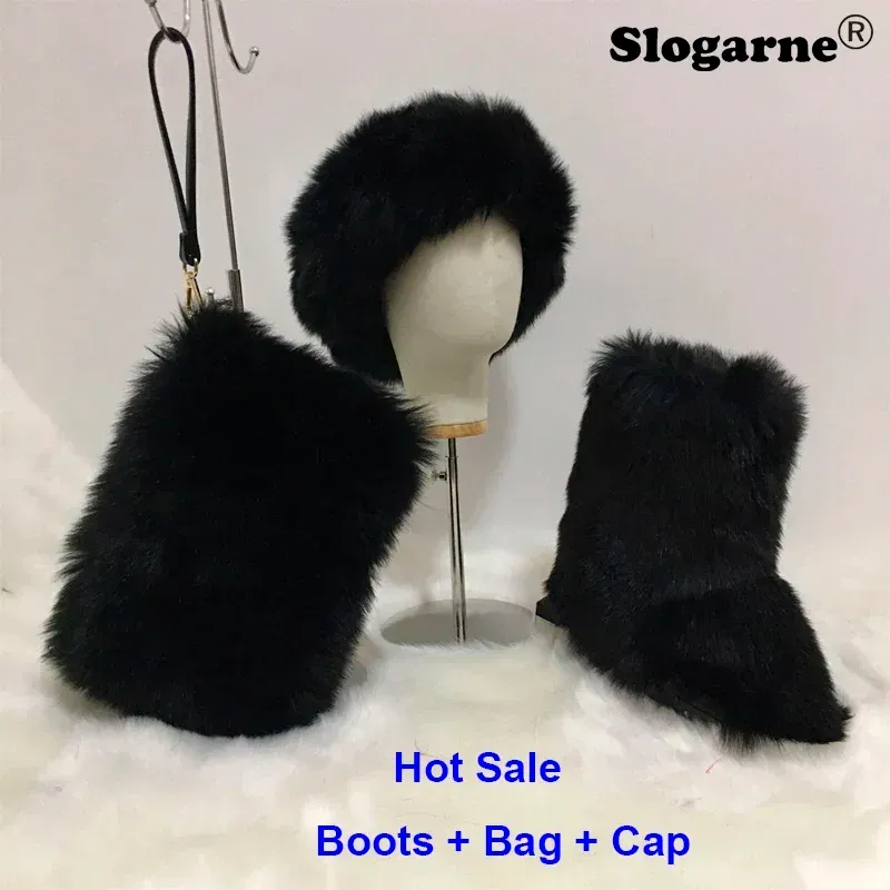 Cloches Fénits Fox Fox Boots Sac en fourrure Cap de fourrure Hat de fourrure d'hiver Femme Boots de neige à fourrure Luxur