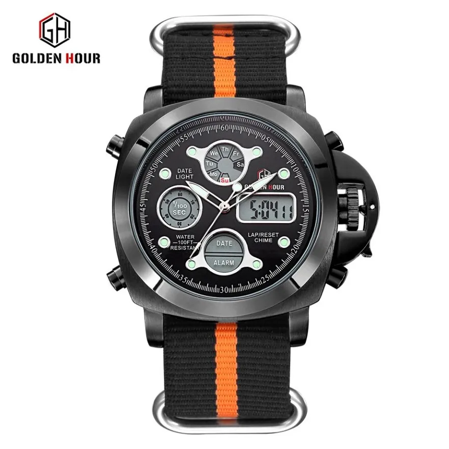 Reloj Hombre GOLDENHOUR Спортивные часы на открытом воздухе Мужские часы с парусиновым ремешком Автоматический дисплей даты Мужские наручные часы Relogio Masculino2371