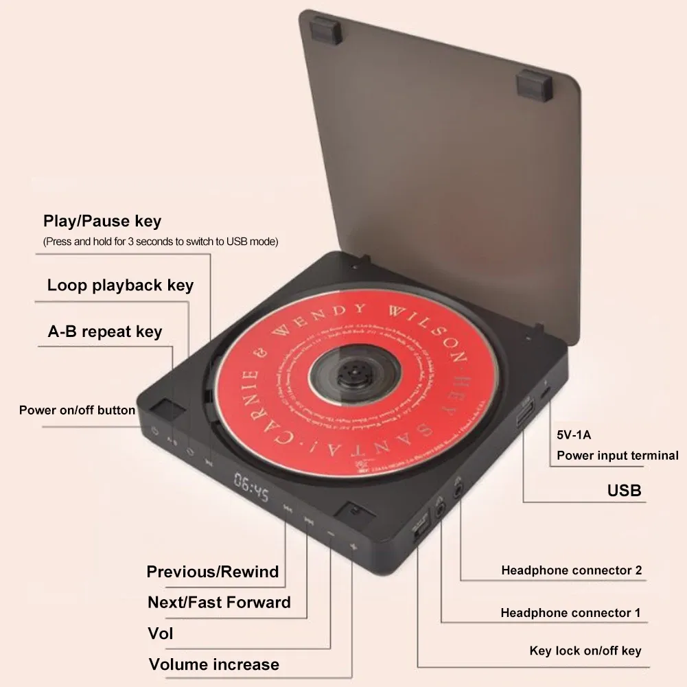 Lecteur Hifi Walkman Disc 3.5 mm USB HIFI Stéréo haut-parleur Contrôle CD CD CD Music Player Digital Affichage Mini CD PRÉPART CD / MP3 / WMA