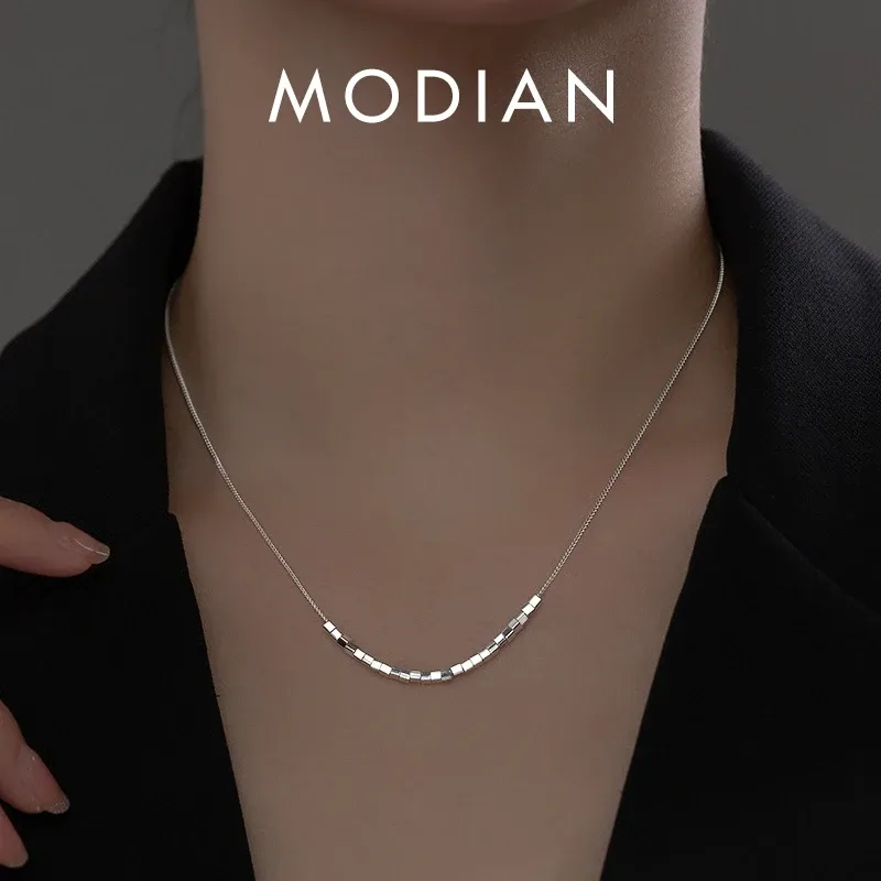 Necklaces Modian 925 Sterling Silver Slide Block Sparkling Necklace Basic Chain Link Simple Fine Jewelry For Women Valentine's Day Gift