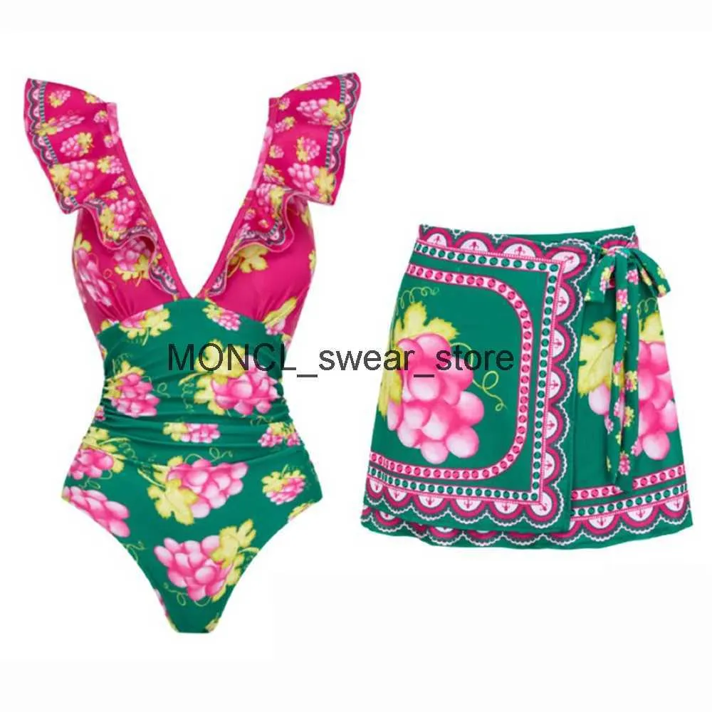 Traje de baño para mujer 2024 Mujeres 2pc Cover-up Traje de baño Ruffle Dongbei Impreso Profundo V de una sola pieza Monokini Kimono Bikini Traje de verano Ropa de playaH2422088