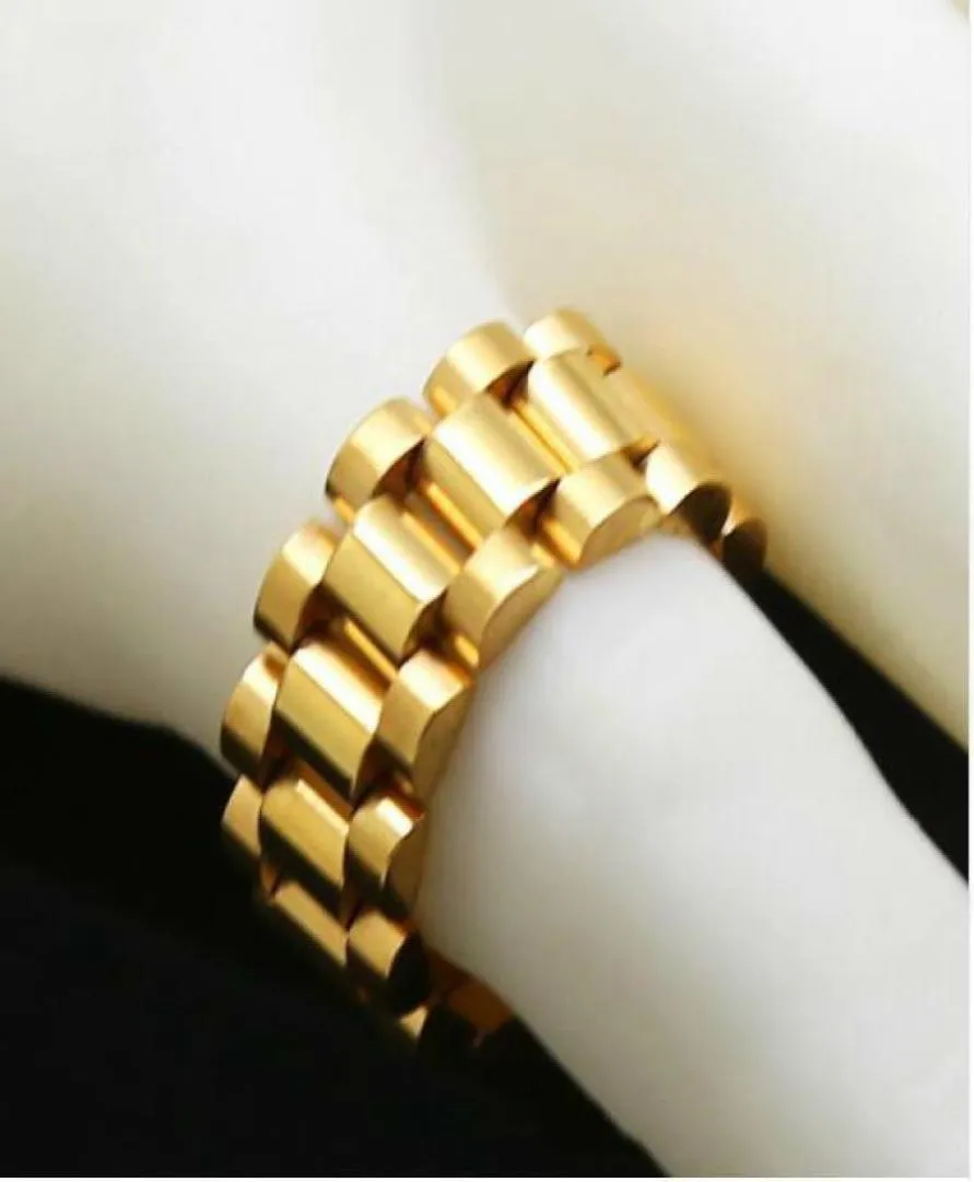 Klassisk lyx 24K Gold Plated Men Watchband Rings Rostfritt stål Gyllene Link Ring Hip Hop Mens Style Men Ring Watches Band Ring2997017