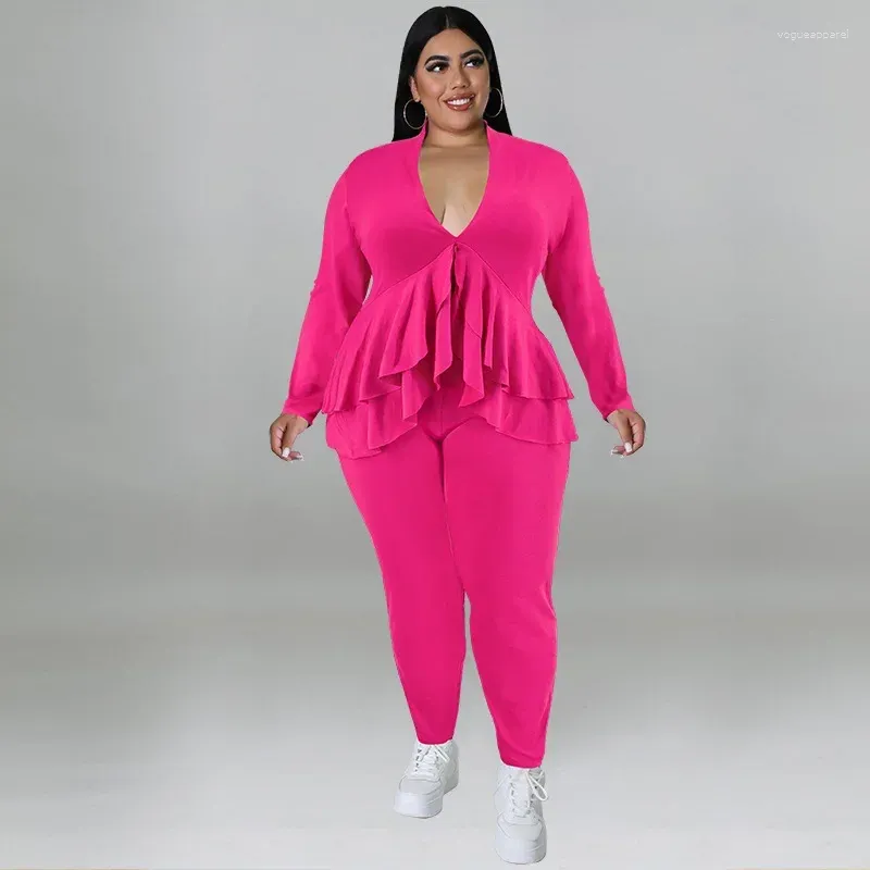 Pantaloni a due pezzi da donna KEXU Plus Size Set da donna Fashion Ladies Ruffles Orlo con scollo a V T-shirt e legging Suit Primavera Donna 2 Outfit