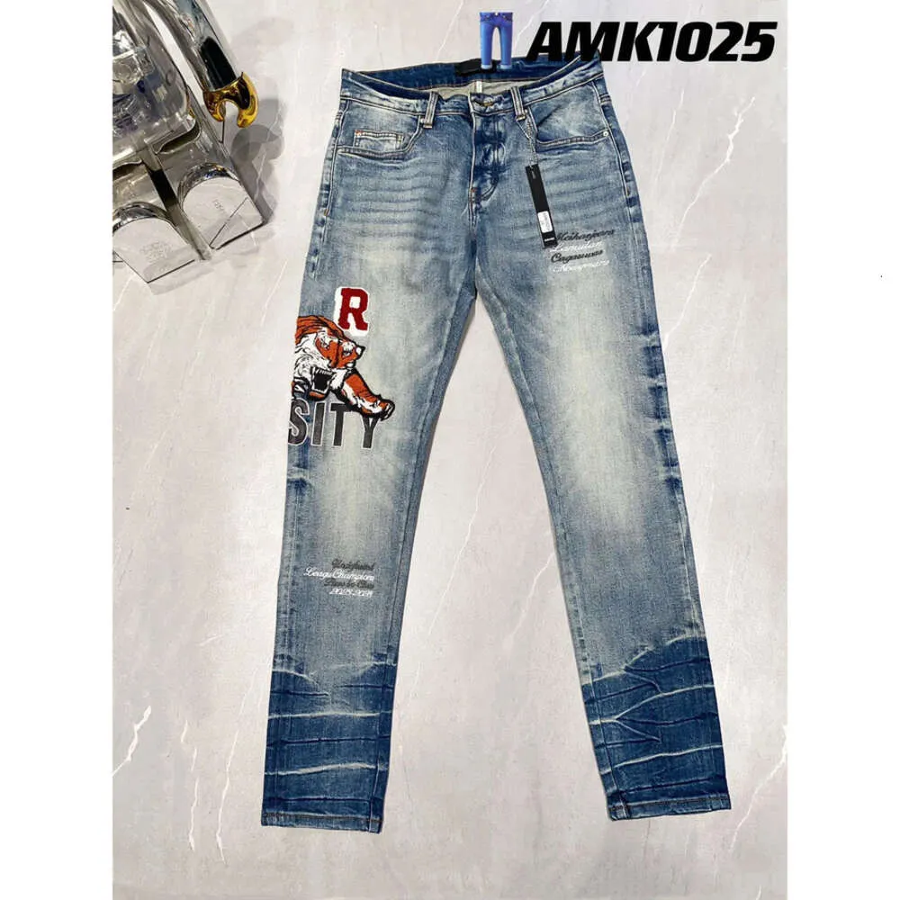 Designer Mens Amirs Jeans High Street Hole Star Patch Men's Womens Amirs Star Brodery Panel Byxor Stretch Slim Fit Byxor Jean Pants New Style 63