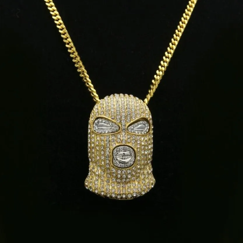 Pendant Necklaces Personality CS Cap Pave Full Rhinestone Masked Necklace Gold Filled Men Hip Hop Rock Jewelry238h