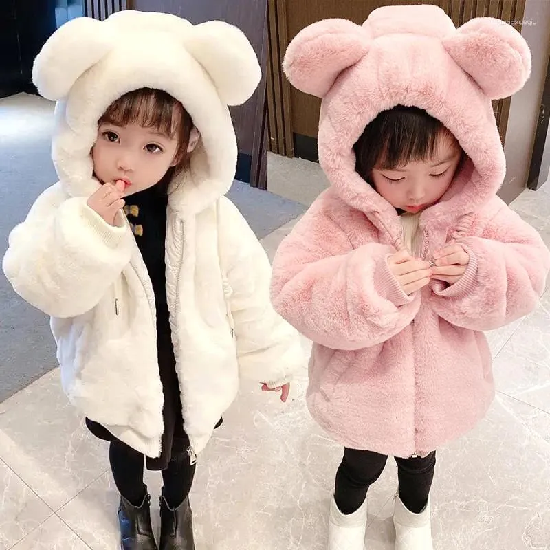 Jackets Cute Big Ear Plush Baby Jacket Autumn Winter Warm Faux Fur Coats For Girls Hooded Snow Coat Soft Children Ouertwear Clothing