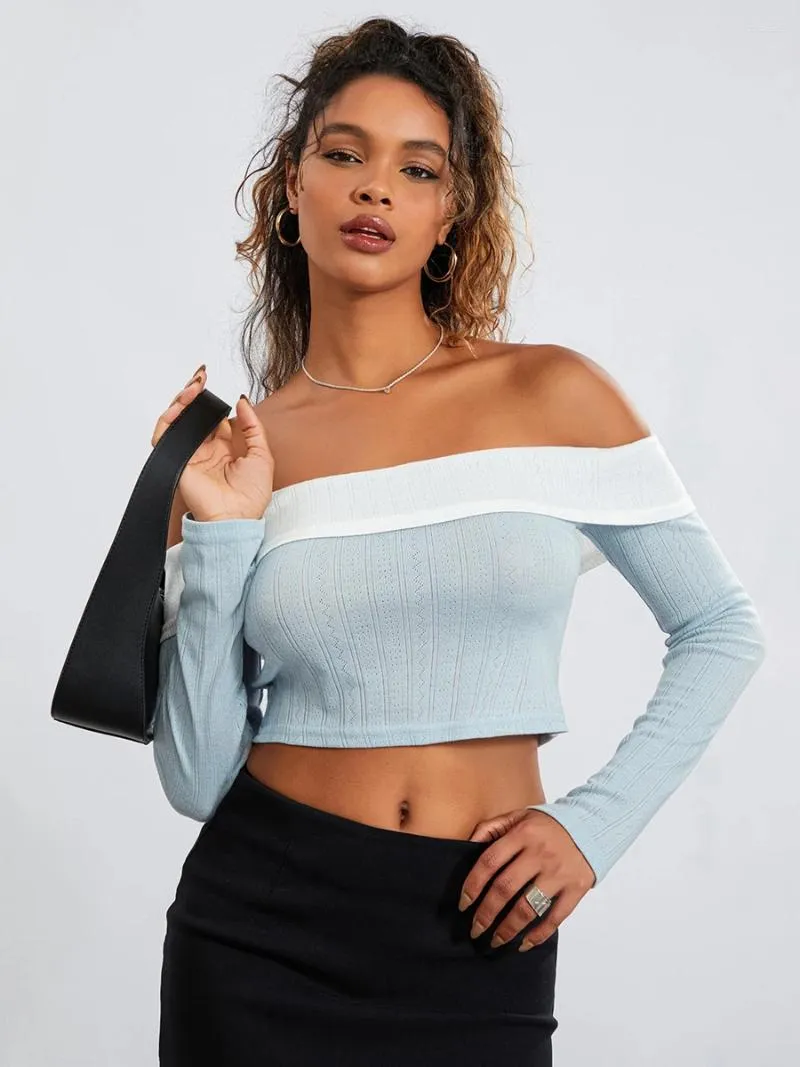 Women's T Shirts Women Off Shoulder Long Sleeve Crop Top Sexy Knit Slim Fit Flowers Shirt Casual Ribbed Tight Sweater Blouse Tops