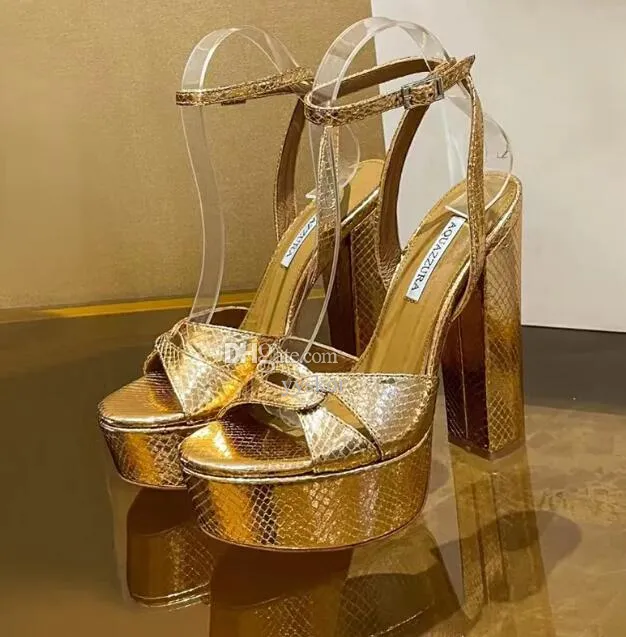 Aquazzura Sandal Sinner Plateau Gold Kadınlar Metalik Duygu Platformu Yüksek Topuklu Sandalet Tıknaz Blok Ayak Bileği Kayışı Elbise Ayakkabı Tasarımcı Pompalar Akşam Ayakkabıları 35-43