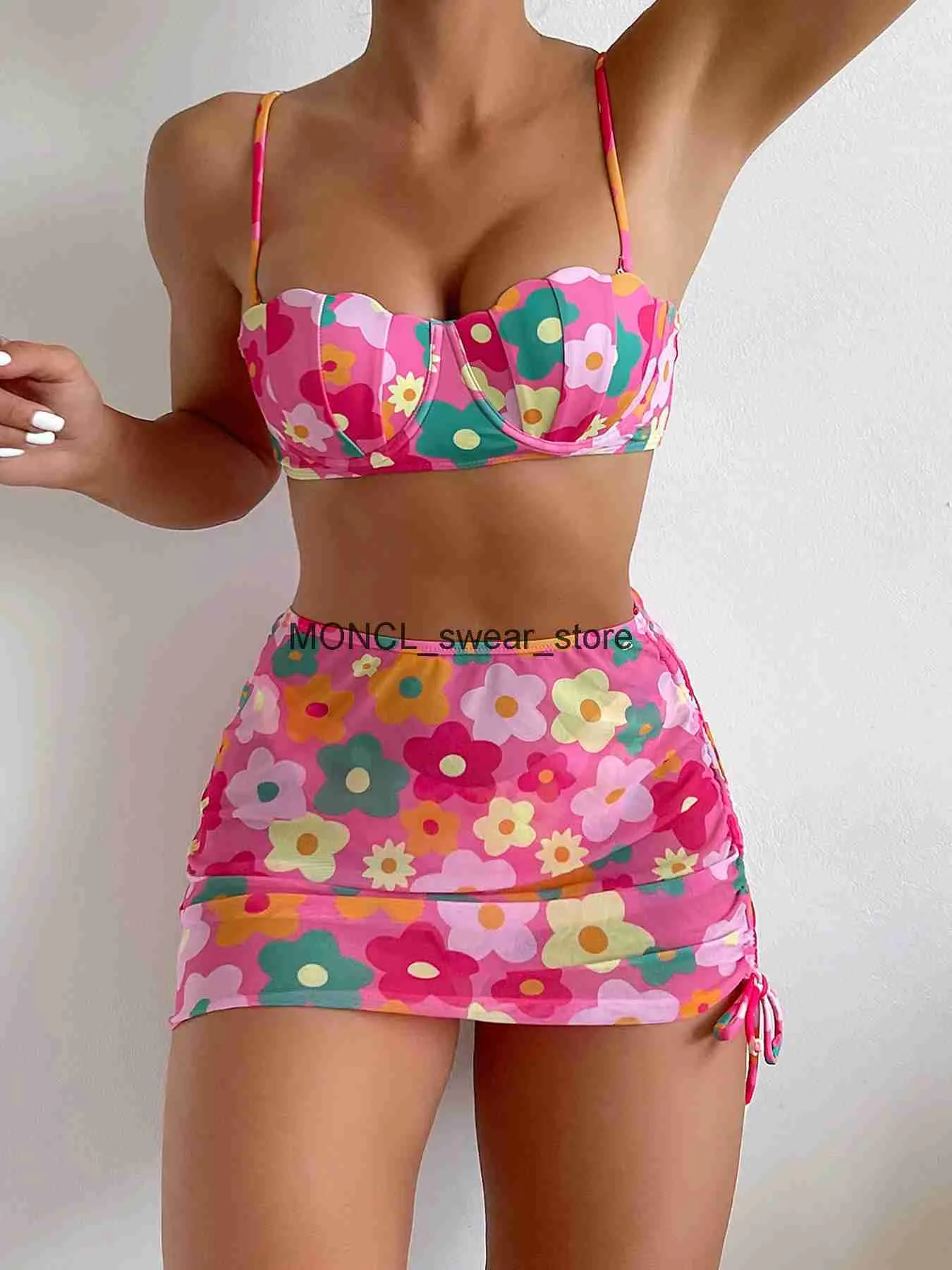 Vrouwen Badmode 2023 Sexy Bloemenprint Drie Stukken Bikini Set Push Up Vrouwen Badpak Vrouwelijke En Strand Rok Badpak suitH2422088