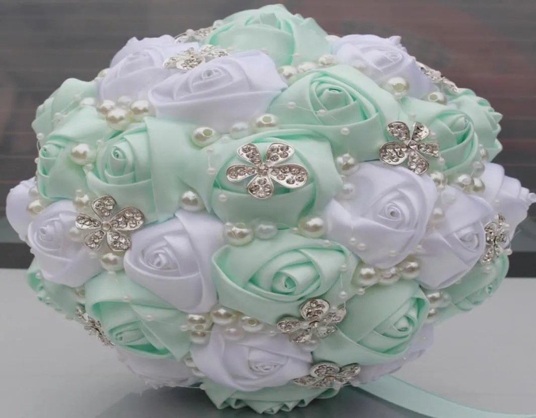 Mint and White Wedding Bridal Bouquets Wedding Materiały Ślubne sztuczne perły kwiatowe Perły Słodkie 15 bukiety Quinceanera W224M3912195