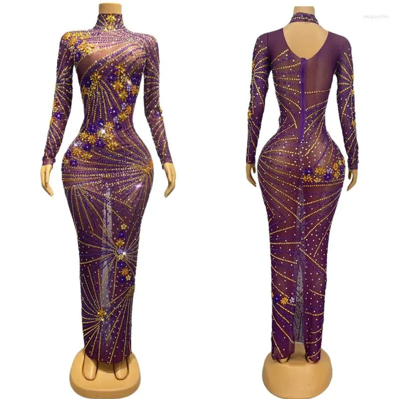 Stage Wear Purple Mesh Strass Robe Sexy Stretch Robes de soirée Femmes Anniversaire Célébrer Costume Catwalk Festival Outfit XS6300