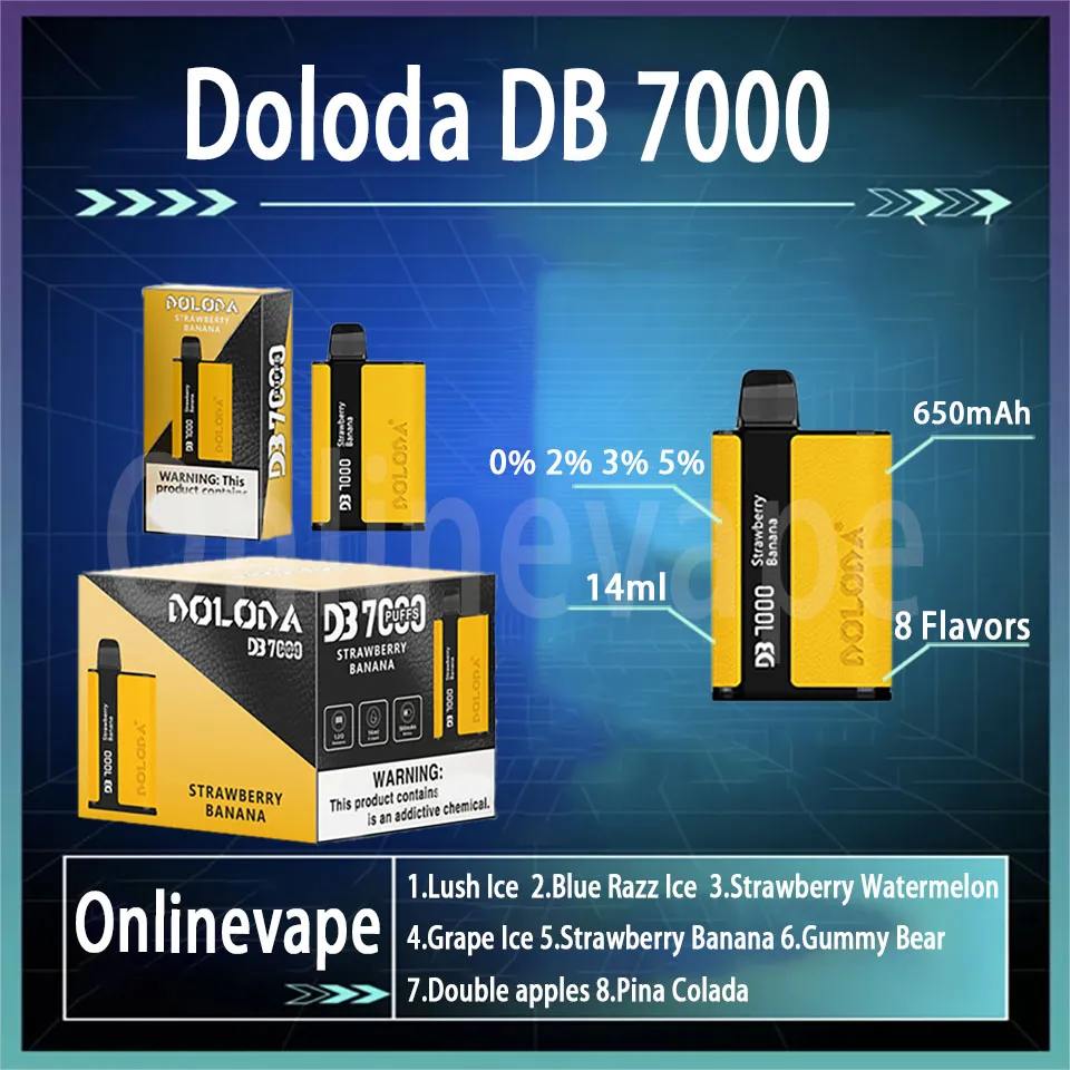 Бестселлеры Doloda DB7000 Puff Одноразовые электронные сигареты Vape Pen 14 мл Pod Mesh Coil 500 мАч 8 вкусов Батарея 0% 2% 3% 5% Устройство Puff 7k Vape