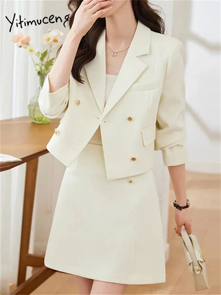 Yitimuceng Office Ladies 2 Piece Blazer och kjol mode notched Double Breasted Short Blazers Elegant Mini Suits 240219