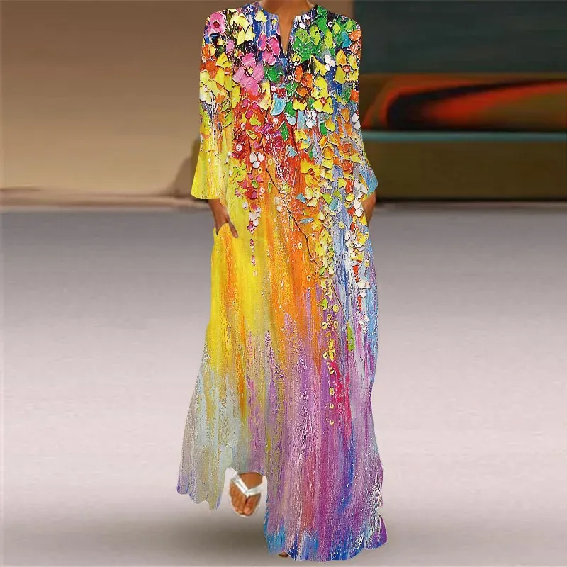Sukienki wieczorowe dla kobiet 2023 Autumn New Rainbow Printed vneck szata vestidos damskie mody eleganckie luźne sukienki mschuh
