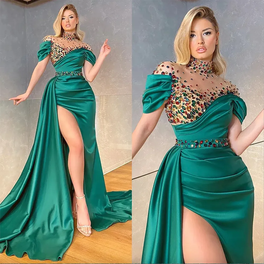 Lüks Kadınlar Gece Elbise Yüksek Yakalı Kısa Kollu Prom Gowns Crystal Fırfır Bölünmüş Yan Süpürme Tren Elbisesi Parti Özel Made