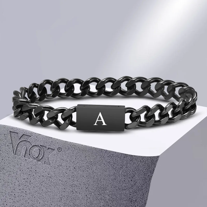 Link Bracelets Vnox A-Z Initial For Men Stainless Steel Cuban Chain Bracelet Miami Curb Wristband Simple Male Boy Jewelry