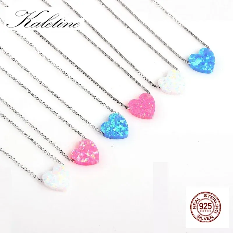 Hängen Kaletine 925 Sterling Silver Halsband skapade Opal Pendant Heart Shaped Opal Accessories Women smycken Långt halsband